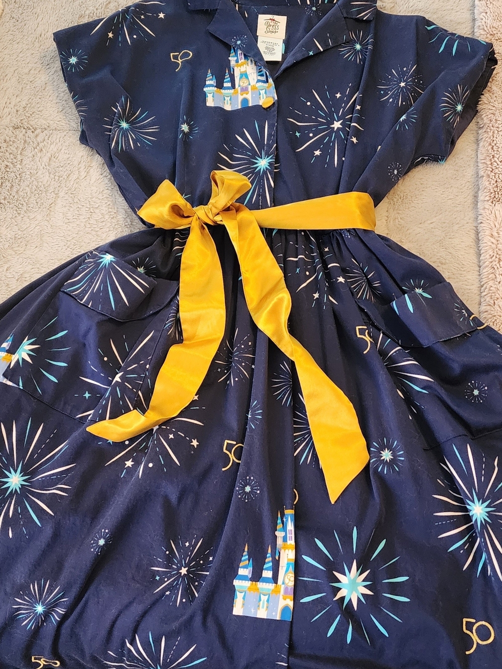 Disney Women's Navy Fireworks Dress with Yellow Sash